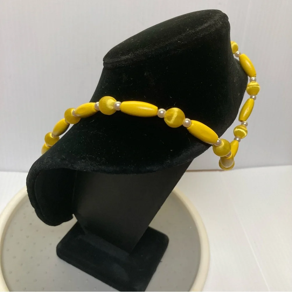 SATIN Beads Vintage Yellow Wood Oblong Beads Faux Mini Pearl Beads 26 in